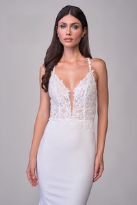Joelle Olivia by La Femme J2118 Eden Luxe Jersey Wedding Dress - A modern and elegant wedding dress with illusion lace bodice and open low back in ivory.