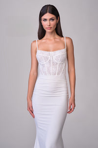 Joelle Olivia by La Femme J2172 Mabel Bridal Gown - Luxe jersey wedding dress with lace corset top and a sweeping train. Ideal for bridal occasions.