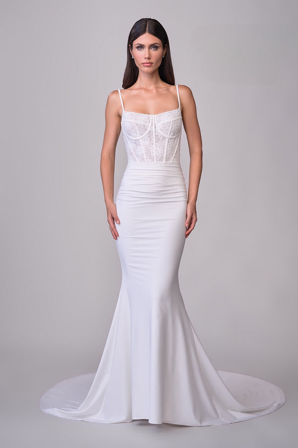 Joelle Olivia by La Femme J2172 Mabel Bridal Gown - Luxe jersey wedding dress with lace corset top and a sweeping train. Ideal for bridal occasions.