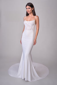 Joelle Olivia by La Femme J2172 Mabel Bridal Gown - Luxe jersey wedding dress with lace corset top and a sweeping train. Ideal for bridal occasions.