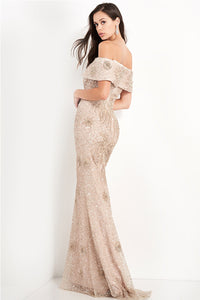 Jovani 03412 Off-The-Shoulder Beaded Evening Dress, elegant gown with bateau neckline and intricate beadwork, perfect for evening events and mother of the bride occasions.