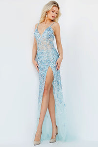 Jovani Beaded Sheath Dress - Style Number 05872. Radiate charm in this sheath prom dress adorned with intricate beadwork. The floor-length illusion skirt with a high slit, along with the V-neck bodice featuring delicate straps, makes it perfect for prom, parties, and special occasions. Discover this Jovani design at Madeline's Boutique in Toronto and Boca Raton.