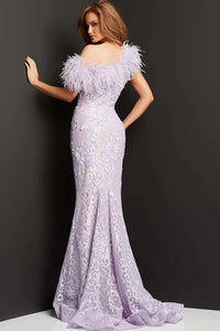 Jovani 06663 Lilac Feathered and Embroidered Evening Gown - A one-shoulder lilac gown with delicate feathers and floral embroidery for a whimsical and ethereal look at evening formal events.