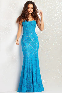 Jovani 07499 Heat Set Stones Mermaid Prom Gown - A captivating gown featuring heat-set stones, a boned bodice, sweetheart neckline, and a form-fitting mermaid silhouette in delicate lace for an elegant and sophisticated look. The model is wearing the dress in PEACOCK.