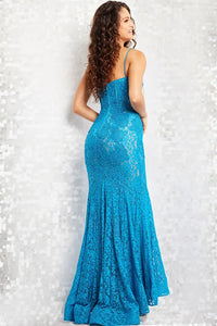 Jovani 07499 Heat Set Stones Mermaid Prom Gown - A captivating gown featuring heat-set stones, a boned bodice, sweetheart neckline, and a form-fitting mermaid silhouette in delicate lace for an elegant and sophisticated look. The model is wearing the dress in PEACOCK.