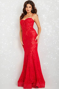 Jovani 07499 Heat Set Stones Mermaid Prom Gown - A captivating gown featuring heat-set stones, a boned bodice, sweetheart neckline, and a form-fitting mermaid silhouette in delicate lace for an elegant and sophisticated look. The model is wearing the dress in RED.