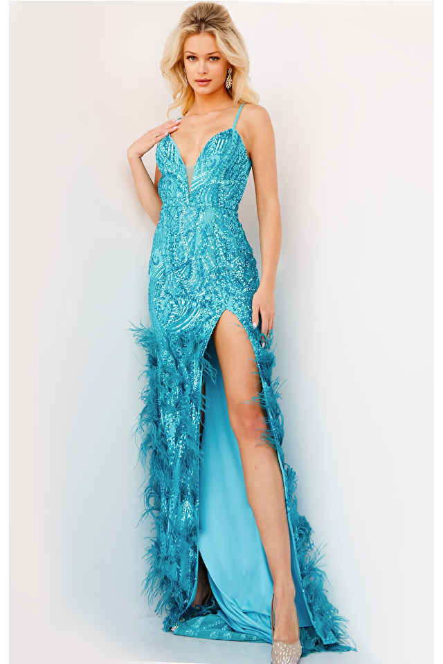 Jovani Sequin and Feather Prom Dress - Style Number 08340. Make a statement at prom with this exquisite sequin embellished gown featuring a form-fitting silhouette, high slit, and luxurious feather-adorned high-waisted skirt. A plunging neckline and low back add to the allure of this stunning dress by Jovani. Available at Madeline's Boutique in Toronto and Boca Raton.
