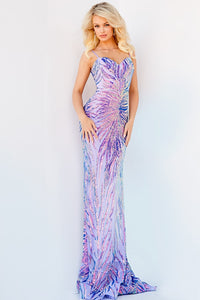 Jovani Sequin Sweetheart Prom Dress - Style Number 08481. Embrace elegance and allure with this sequin-adorned fitted gown featuring a sweetheart neckline, sleeveless bodice, and sweeping train. Shine bright at prom in this Jovani creation available at Madeline's Boutique in Toronto and Boca Raton.