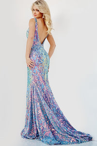 Stand out in the Jovani 05647, an iridescent sequin mermaid prom dress with a plunging neckline and open V back. Discover this exquisite creation at Madeline's Boutique your ultimate destination for the latest prom trends in Toronto and Boca Raton, Florida.