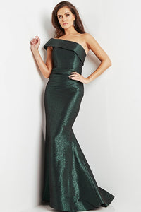 Jovani 09752 One-Shoulder Mermaid Gown, a stunning floor-length gown with a ruched waist, one-shoulder bodice, and off-the-shoulder asymmetric neckline. Perfect for special occasions and mothers of the bride or groom.