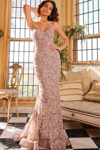 Model wearing Jovani 09768 lace appliqué mermaid gown with sweetheart neckline, matching shawl, and dramatic flared hem.  Model is wearing the color cafe.  Front View