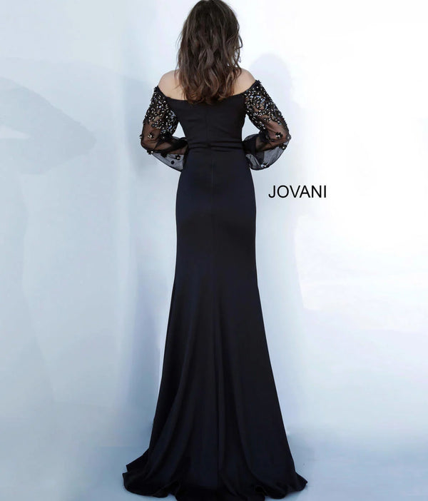 Jovani 1156 Column Gown with Beaded Illusion Bishop Sleeves - A sophisticated column gown with a bateau neckline, beaded illusion bishop sleeves, and ruched details. Ideal for mothers of the bride or groom and evening formal events.