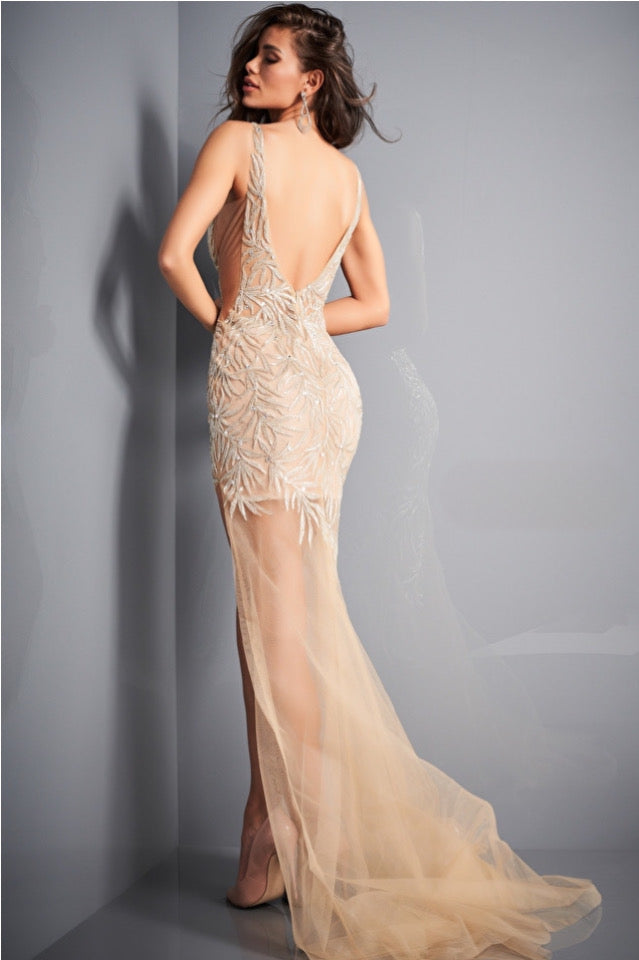 Jovani Style 1863 Cocktail Evening Dress in Tulle and Beads over Mesh, perfect for Prom, Graduation, and Evening events. Available at Madeline's Boutique in Toronto and Boca Raton, Florida.  Color of dress in the picture is Silver Nude.