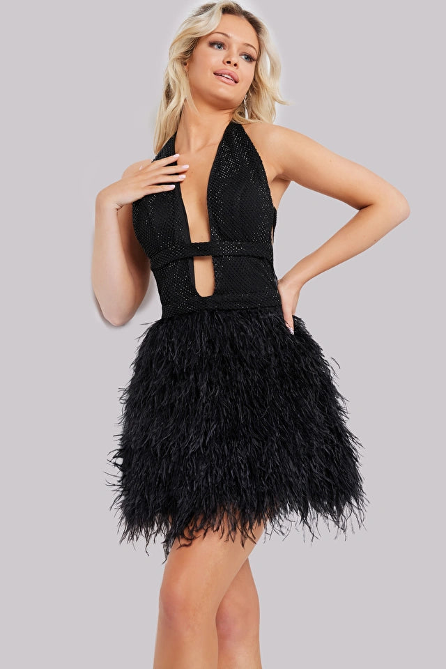 Shop the stunning Jovani 22387 short cocktail dress with feather skirt and beaded bodice at Madeline's Boutique. Perfect for homecoming or any formal event. Available in Toronto, Canada and Boca Raton, Florida.