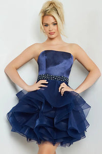 Jovani 22901: Strapless fit-and-flare cocktail dress with a ruffle tiered tulle skirt for a playful and glamorous look.