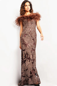 Jovani 23030 Brown Beaded Lace Applique Off the Shoulder Gown - A stunning brown gown with intricate beaded lace appliques, off-the-shoulder design, and feather neckline. Perfect for black-tie events and evening formal occasions.