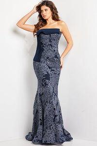 Jovani 23031 Floral Embellished Strapless Evening Gown - A captivating evening gown with floral embellishments, beaded lace, and sculpted details, perfect for sophisticated events.