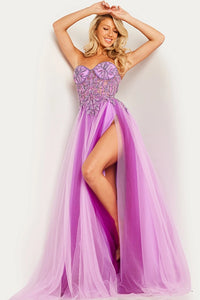 Jovani 23710 Lilac A-Line Prom and Quinceanera Dress - A sweetheart neckline gown with a beaded sheer corset bodice, high slit, and flowing A-line skirt in a lovely lilac hue for a stylish and sophisticated look.