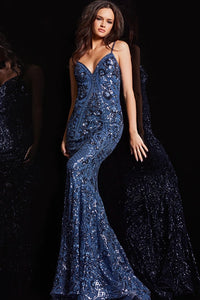 Jovani 23839 Floral Sequin Backless Form-Fitting Evening Gown - A captivating floral sequin design graces this backless, form-fitting evening gown, offering a perfect blend of allure and sophistication.