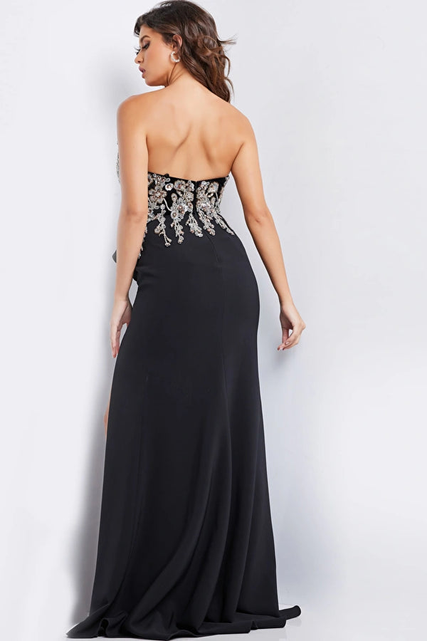 Jovani 23938 Embellished Bodice Fitted Evening Gown - Make a statement with this fitted evening gown featuring a meticulously embellished bodice, high slit, and side peplum detail for a touch of modern elegance.
