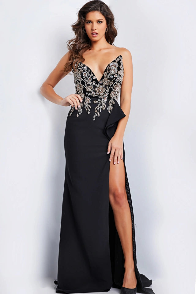 Jovani 23938 Embellished Bodice Fitted Evening Gown - Make a statement with this fitted evening gown featuring a meticulously embellished bodice, high slit, and side peplum detail for a touch of modern elegance.