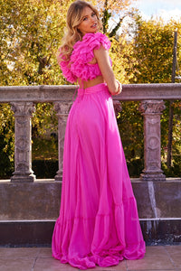 A glamorous one-shoulder evening gown with a sequinned bodice, long feather sleeve, and floor-length silhouette. Perfect for evening events, red carpet occasions, and pageants. Picture is of model wearing the dress in Hot Pink.