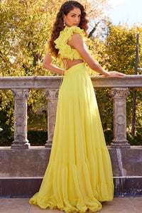 A glamorous one-shoulder evening gown with a sequinned bodice, long feather sleeve, and floor-length silhouette. Perfect for evening events, red carpet occasions, and pageants. Picture is of model wearing the dress in yellow..