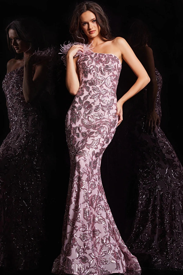Jovani 25901 One Shoulder Sequin Mermaid Formal Evening Gown - A stunning one-shoulder gown with a sequin embellished pattern and feather detail for a show-stopping entrance at formal evening events.