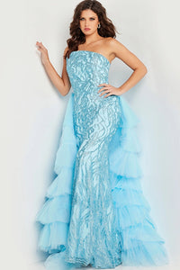 Jovani 26119 Glitter Embellished Strapless Formal Evening Gown - A captivating gown featuring glitter embellishments, a fitted silhouette, and a layered tulle overskirt. Perfect for formal evening occasions and prom for a glamorous and enchanting look.
