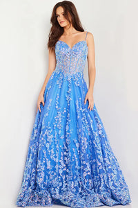 Jovani 29072 - A stunning A-line prom dress featuring floral embroidery, sequin embellishments, corset sheer bodice, spaghetti straps, and sweetheart neckline for a romantic and sophisticated look.