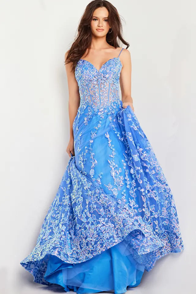 Blue embroidered prom dress online