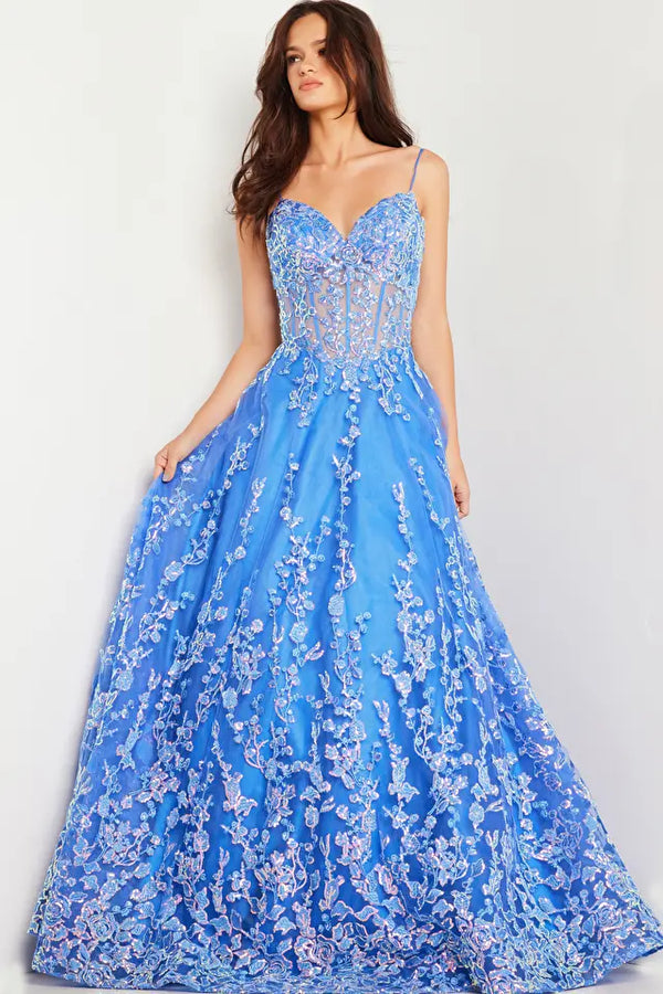 Jovani 29072 - A stunning A-line prom dress featuring floral embroidery, sequin embellishments, corset sheer bodice, spaghetti straps, and sweetheart neckline for a romantic and sophisticated look.