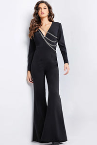 Jovani 36624 Long Sleeve Embellished Jumpsuit - Striking jumpsuit with linked chain embellishments, perfect for elegant evening occasions.