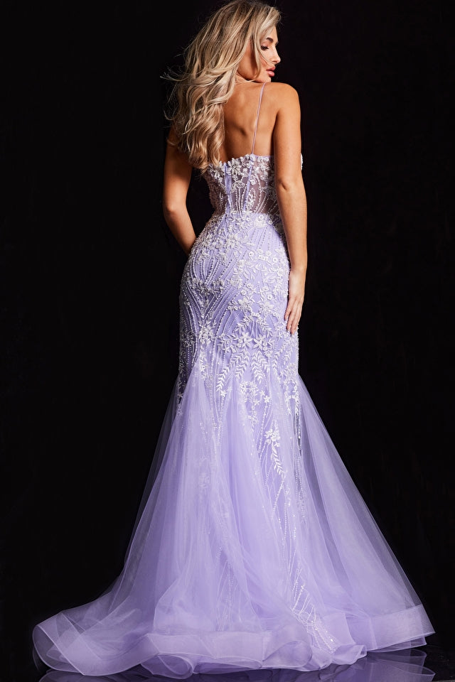 Jovani 37414 Floral Embroidered Illusion Mermaid Gown - A captivating gown with small floral embroidery, an illusion corset bodice, and a mermaid silhouette. Ideal for formal evening events and prom for a graceful and charming look.
