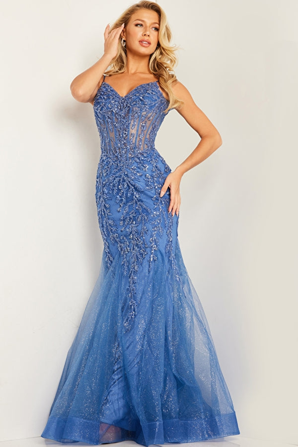 Elegant Jovani 37416 Embroidered Mermaid Prom Dress in stunning sequined embroidery, featuring a sheer corset bodice and a dramatic mermaid silhouette.