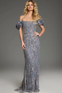 Model wearing Jovani 38111 off-the-shoulder evening gown with draped sleeves and full sequin beading.