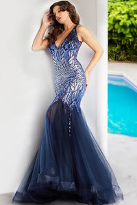 Jovani 38373 Stunning Mermaid Sequin Embellished Evening Gown - A glamorous mermaid silhouette gown featuring sequin embellishments, flare bottom with horsehair trim, sheer sides, and a sweeping train. Ideal for formal evenings and elegant Mother of the Bride or Groom attire.