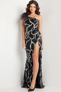 Jovani 38377 Black and Silver Sequin One-Shoulder Evening Dress - A captivating gown with black and silver sequins, one-shoulder style, and a high slit for a glamorous evening look.