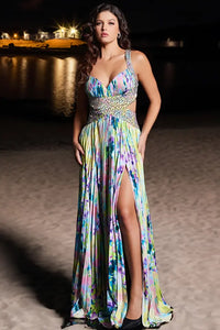 Jovani 38733 Floral Print Pleated Satin Gown - An enchanting floral print gown with a pleated skirt, high slit, embellished belt, and sweetheart neckline. Perfect for prom and evening formal events.