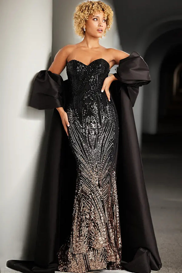 Jovani 38746 Elegant Beaded Off-the-Shoulder Evening Gown with Satin Cape - A mesmerizing beaded evening gown featuring an off-the-shoulder design, strapless sweetheart neckline, and a luxurious satin long cape. Perfect for formal evening events.