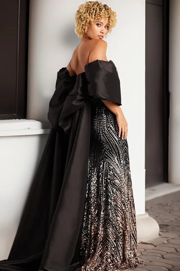Jovani 38746 Elegant Beaded Off-the-Shoulder Evening Gown with Satin Cape - A mesmerizing beaded evening gown featuring an off-the-shoulder design, strapless sweetheart neckline, and a luxurious satin long cape. Perfect for formal evening events.