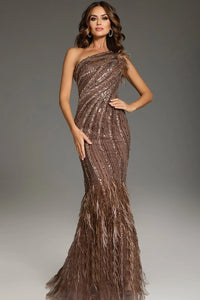 Woman wearing a brown sequin one-shoulder gown against a gray background