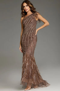 Model wearing Jovani 39170 one-shoulder embellished evening gown with feather shoulder detail and feather-trimmed hem.