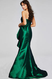 Model wearing Jovani 39368 strapless evening gown with cascading ruffle and fitted silhouette.