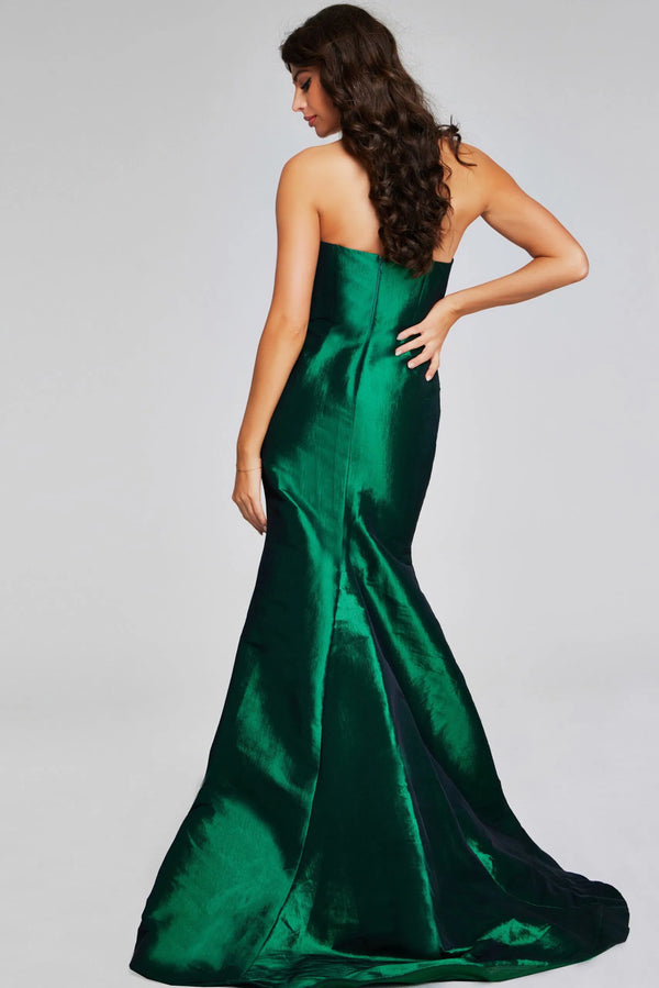 Model wearing Jovani 39368 strapless evening gown with cascading ruffle and fitted silhouette.