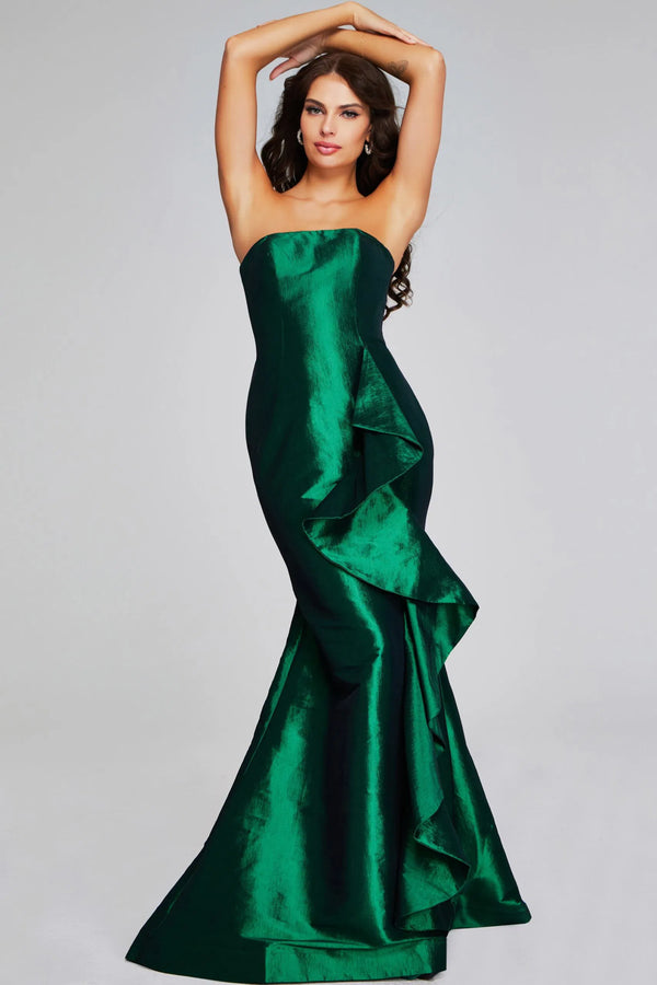 Model wearing Jovani 39368 strapless evening gown with cascading ruffle and fitted silhouette.