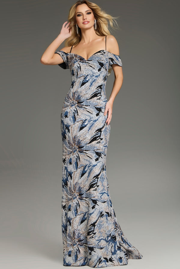 Jovani 39425 Off-the-Shoulder Sequin Gown with Floral Embroidery - A stunning gown featuring an off-the-shoulder neckline, floral embroidery, and shimmering sequins, ideal for formal occasions.