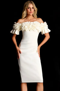 Woman wearing a white off-shoulder dress with floral details on a black background