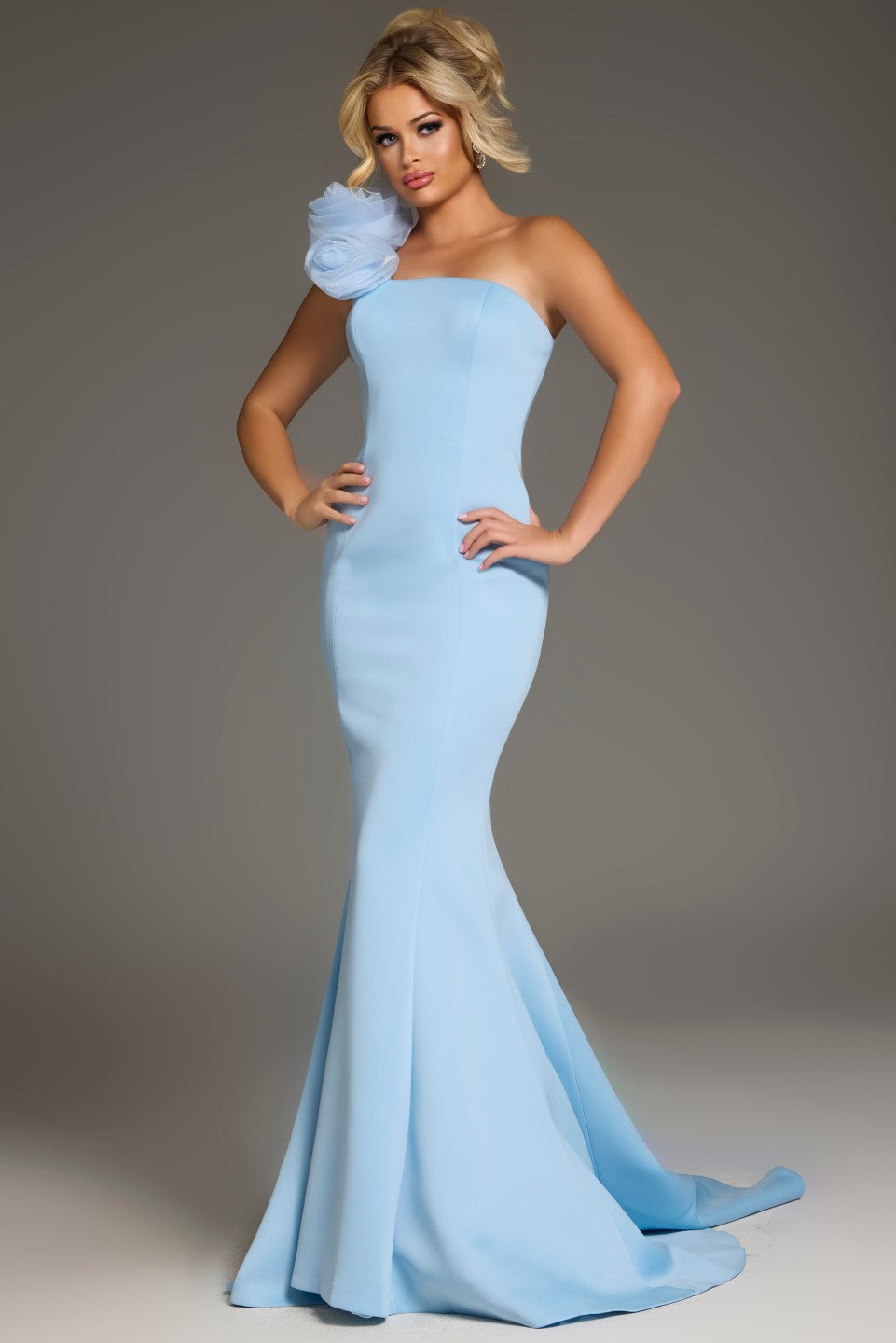 Jovani - 40201 - One-Shoulder Mermaid Gown with Floral Detail Light Blue / 12 Jovani - 40201 - One-Shoulder Mermaid Gown with Floral Detail Light Blue / 12