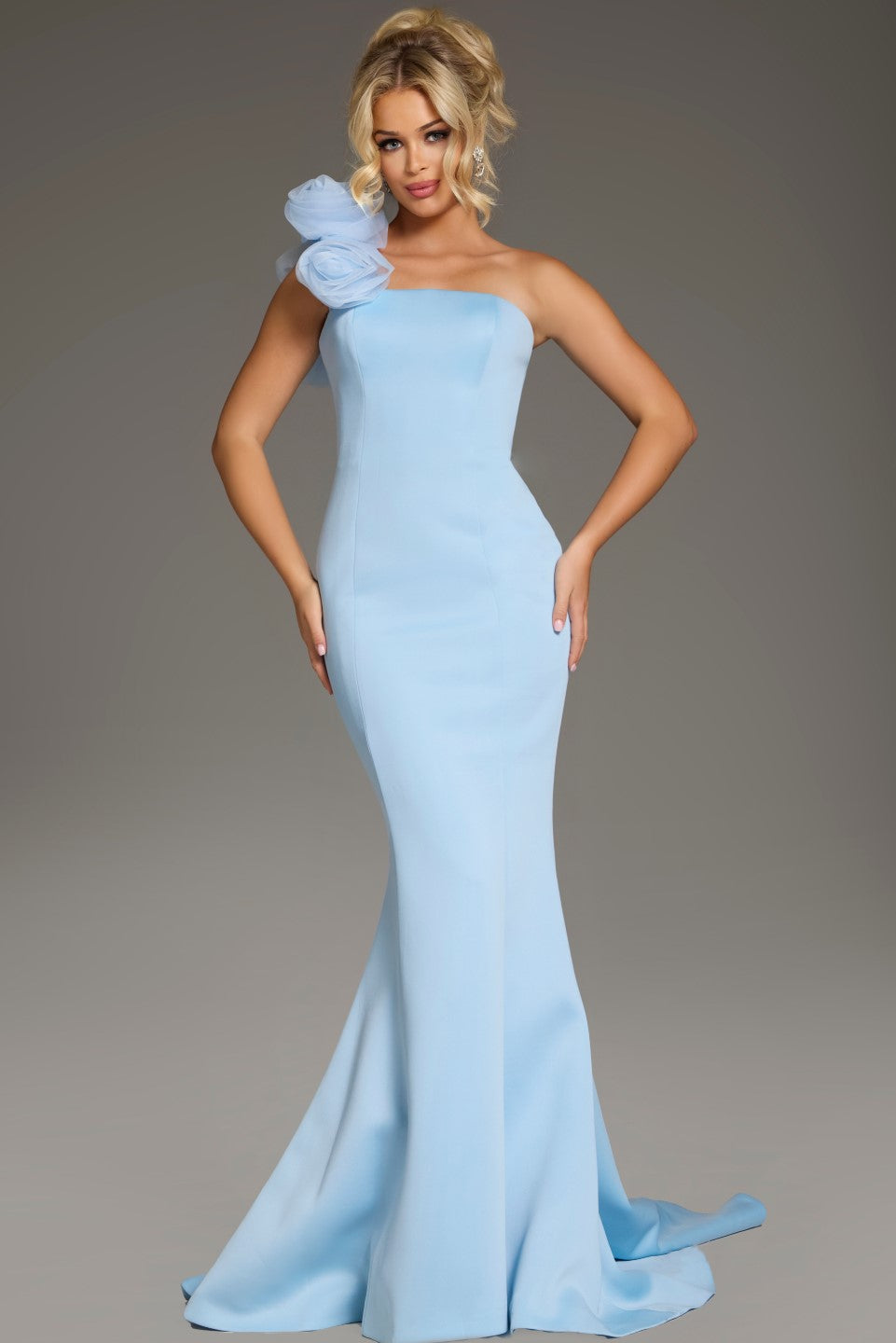 Jovani - 40201 - One-Shoulder Mermaid Gown with Floral Detail Light Blue / 12 Jovani - 40201 - One-Shoulder Mermaid Gown with Floral Detail Light Blue / 12